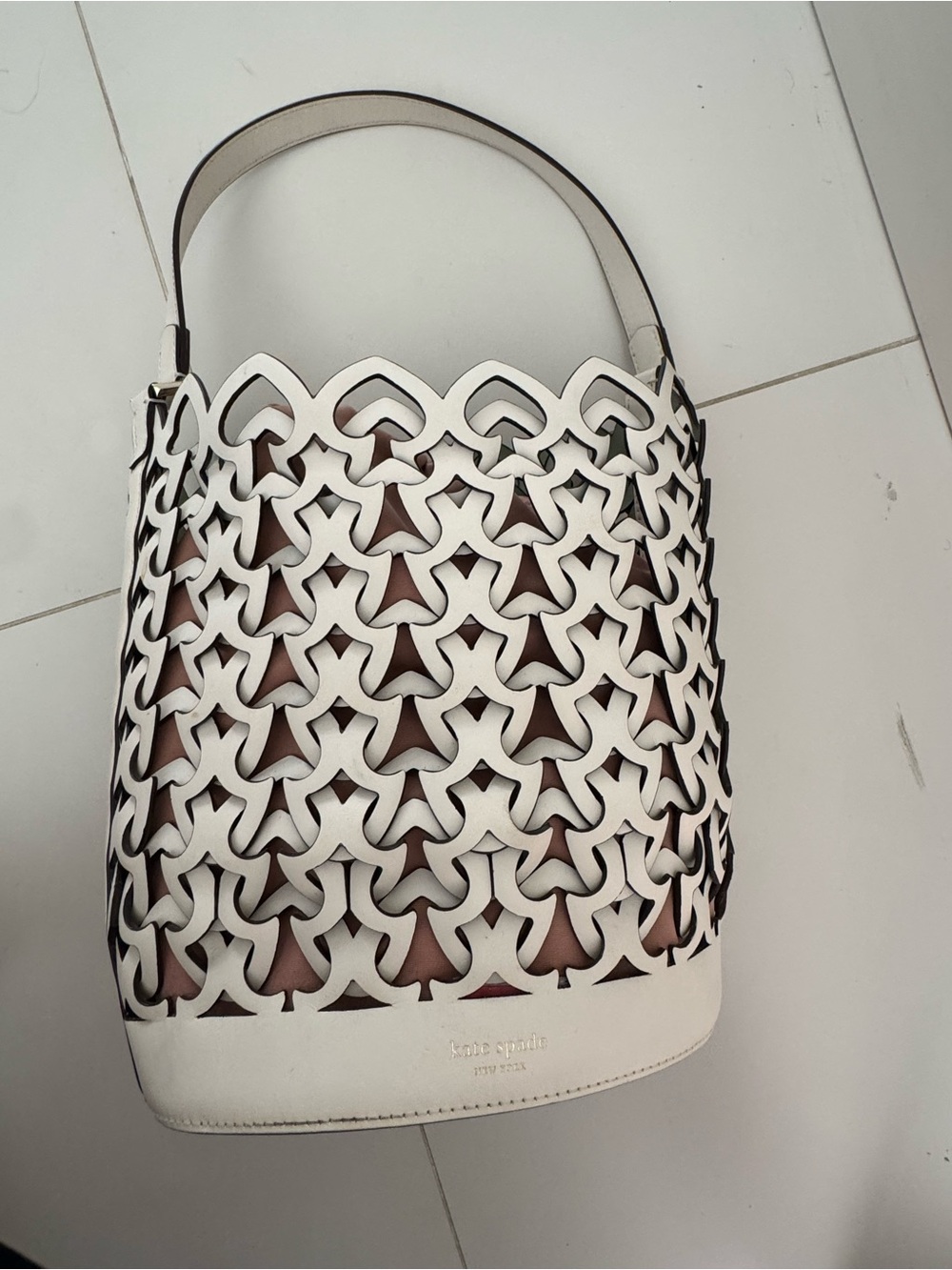 kate spade NY Cream Colored Laser-Cut Hobo bag with Tan Inner Pouch